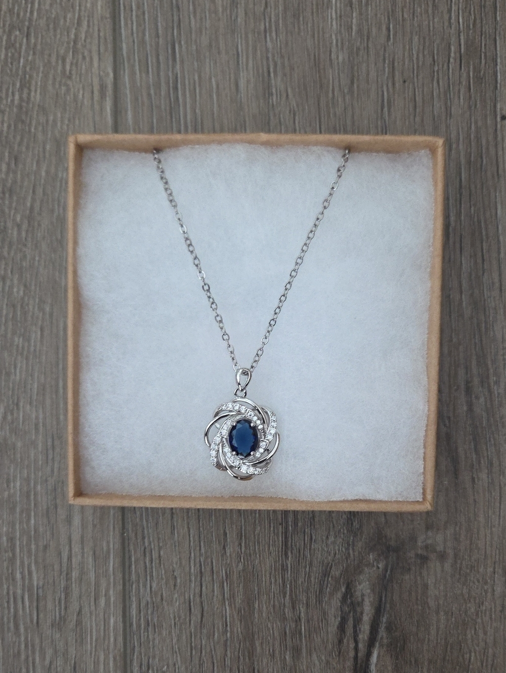 Silver Pendant Necklace with Navy Color Stone In Unique Setting